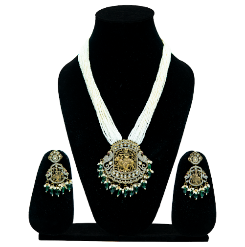 Traditional White Beads Necklace and Earring Set with Temple Pendant